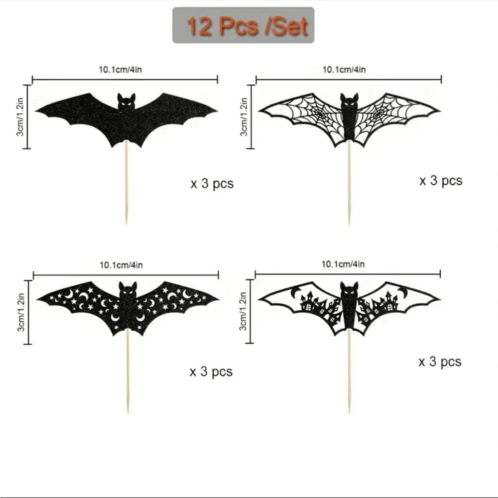 NEW Retro Halloween Party Bat Themed Cake or Cupcake Toppers 12-pcs Set